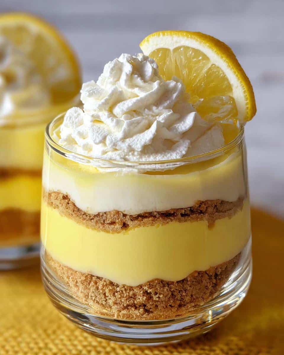 Close-up of one of the Easy Lemon Dessert Cups showing layers of graham cracker crust, lemon pudding, and whipped cream, topped with a lemon slice.
