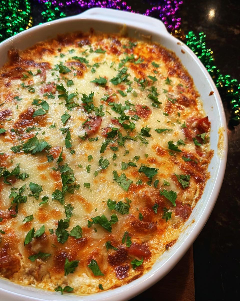 Close-up of a bubbly, baked Easy Mardi Gras Hot Muffuletta Dip topped with melted cheese and fresh parsley.