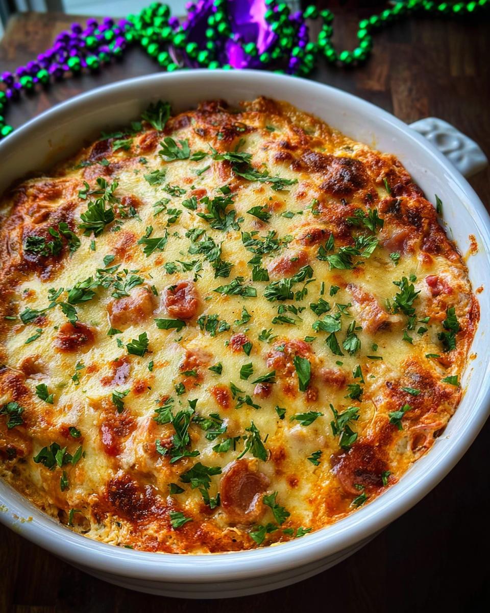 Close-up of a bubbly, cheesy Easy Mardi Gras Hot Muffuletta Dip garnished with fresh parsley.