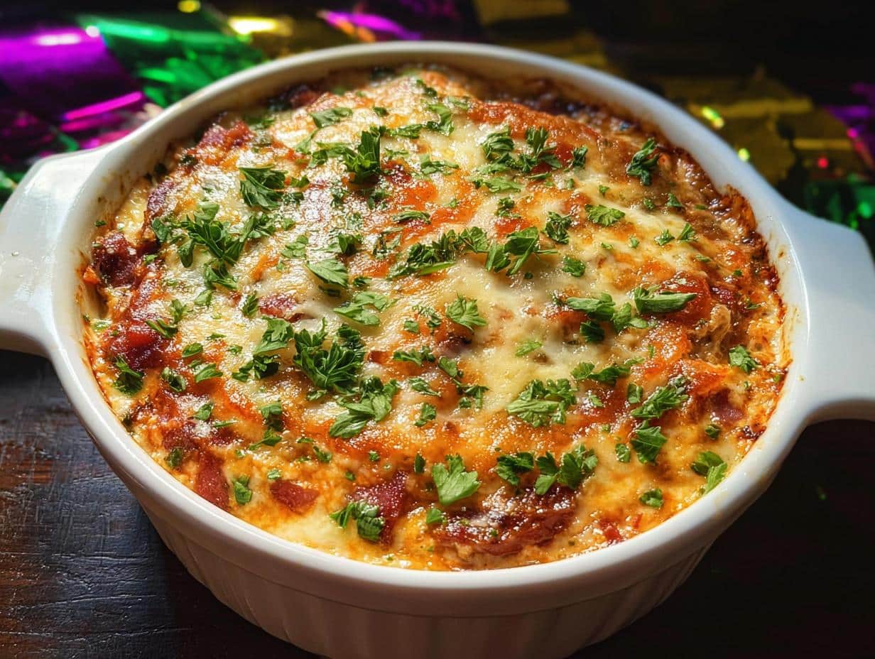 Close-up of a bubbly, cheesy Easy Mardi Gras Hot Muffuletta Dip topped with fresh parsley in a white serving dish.