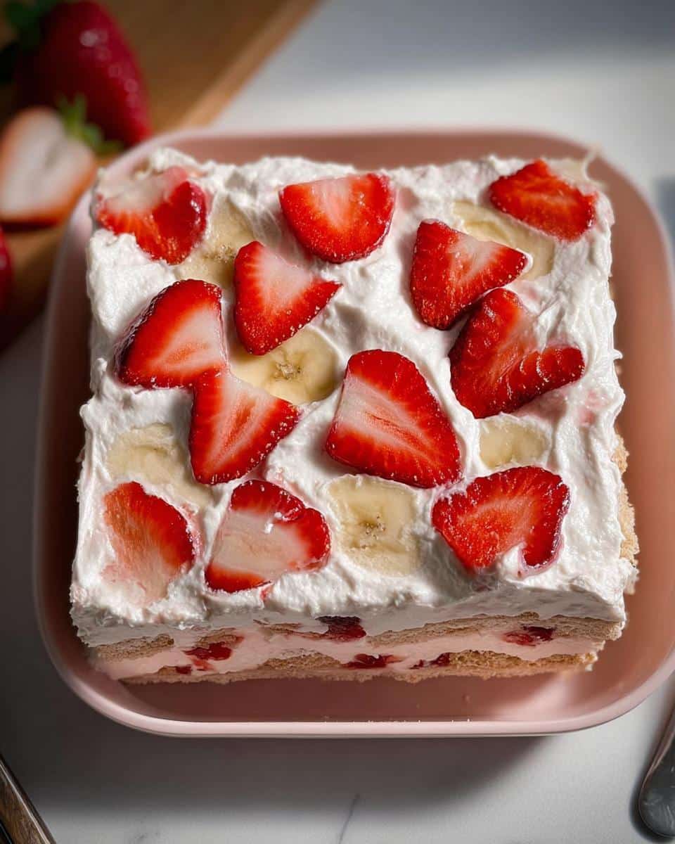 A square serving of Easy Strawberry Banana Pudding topped with whipped cream, sliced strawberries, and bananas.