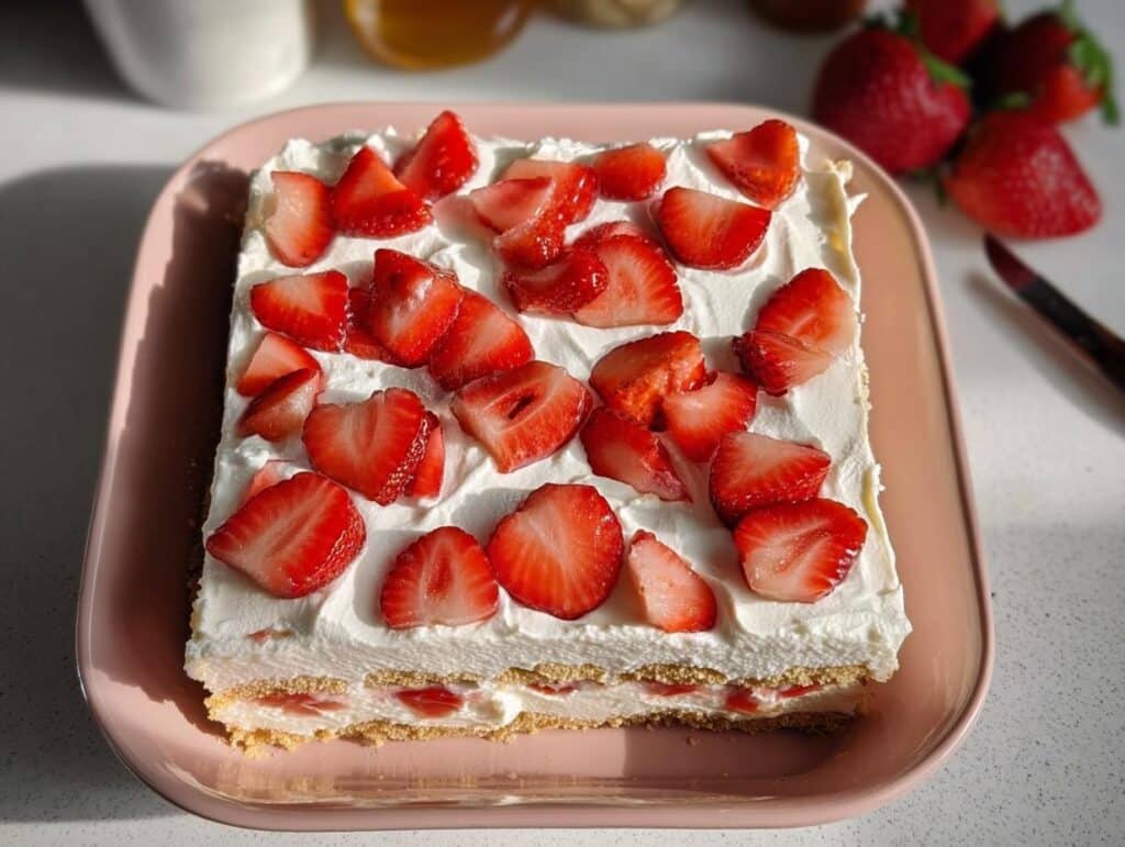 A square slice of Easy Strawberry Banana Pudding topped with whipped cream and fresh sliced strawberries.