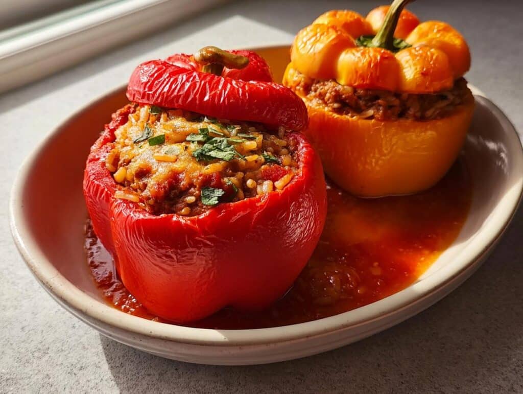Two Easy Stuffed Bell Peppers with Rice and Beef, one red and one orange, served in tomato sauce.