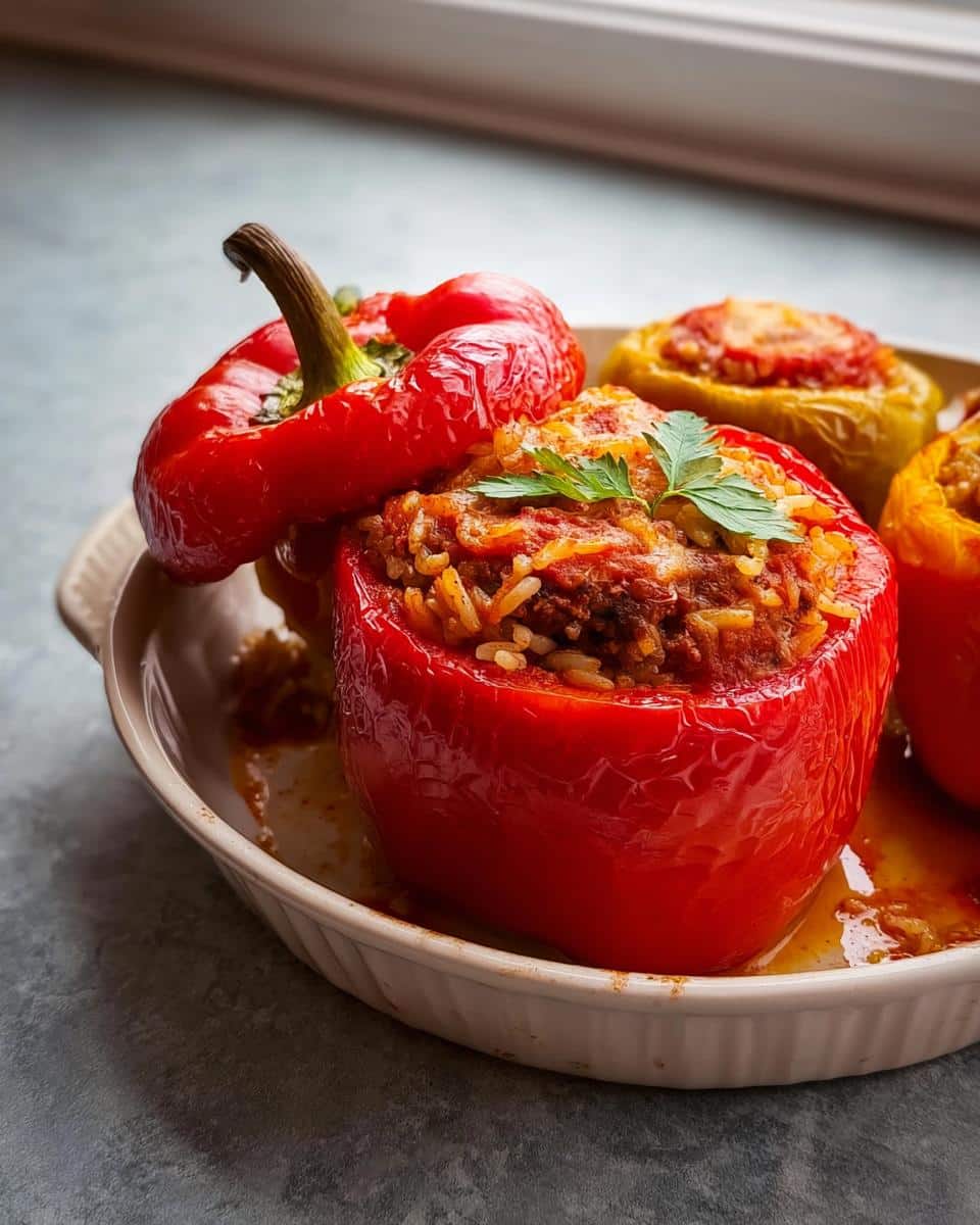 A vibrant red bell pepper, stuffed with rice and beef mixture, garnished with parsley, ready to serve.