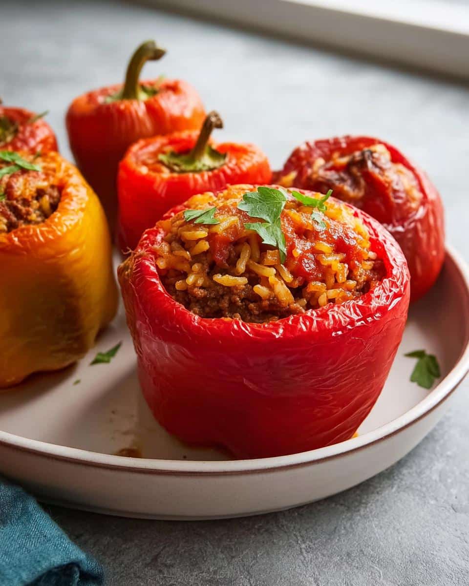 A close-up of baked Easy Stuffed Bell Peppers with Rice and Beef, garnished with parsley, served on a white plate.