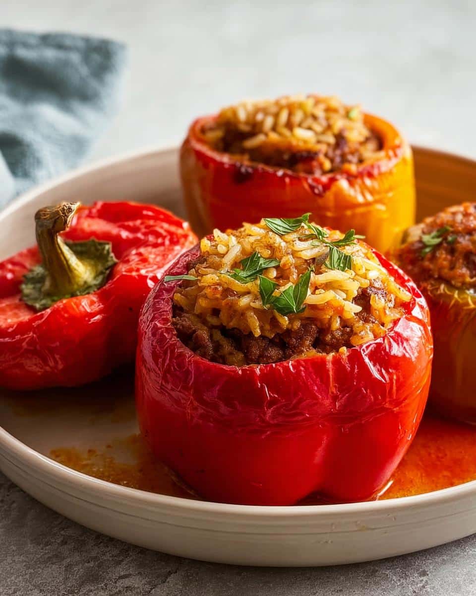 Close-up of baked Easy Stuffed Bell Peppers with Rice and Beef, garnished with fresh parsley.