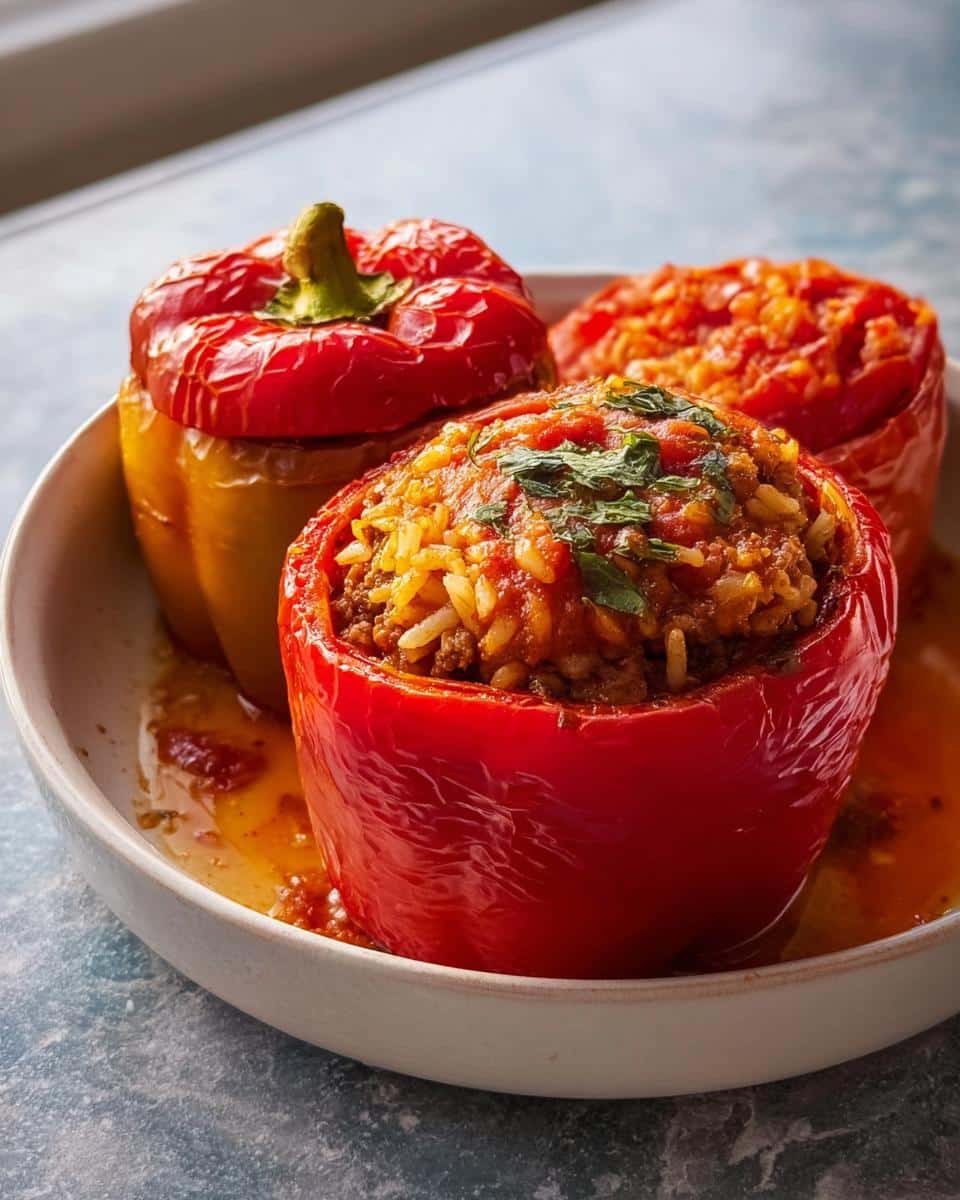 Three cooked Easy Stuffed Bell Peppers with Rice and Beef served in a white bowl with sauce.