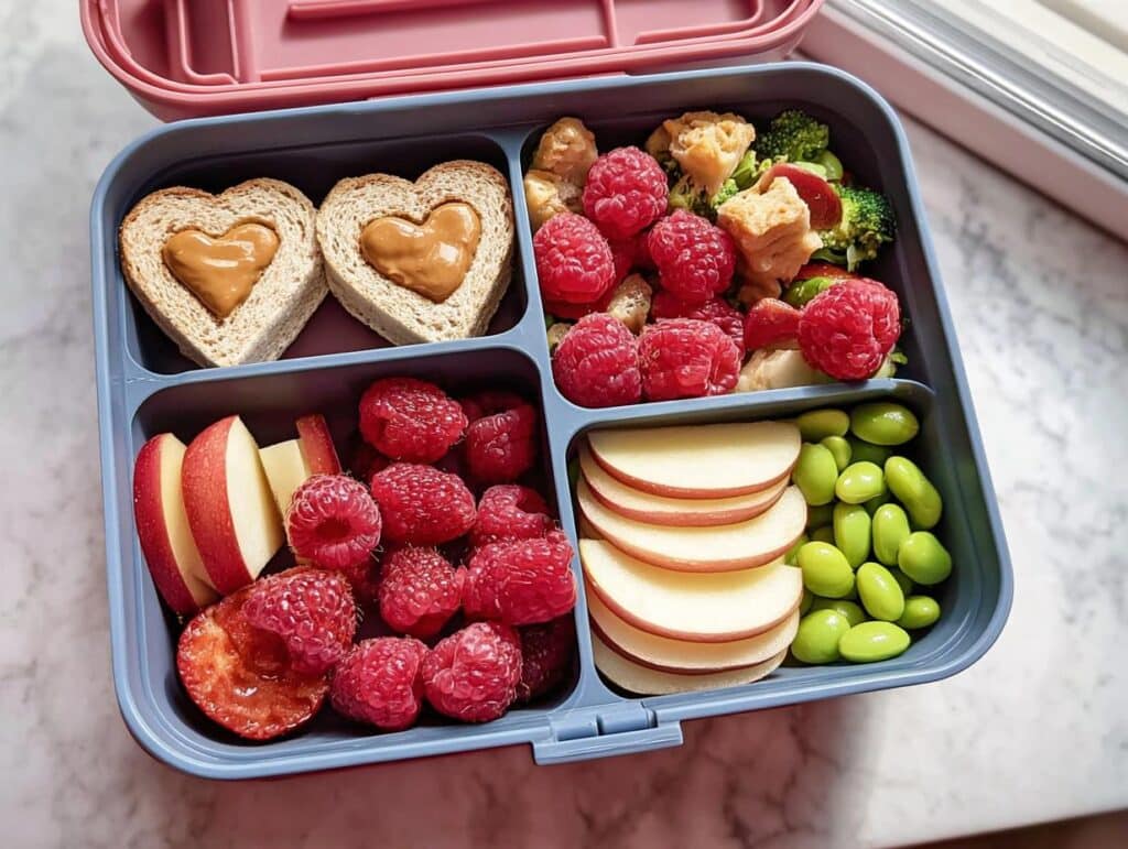 A colorful Easy Valentine Lunch Bento for Kids featuring heart-shaped peanut butter sandwiches, raspberries, apple slices, and edamame.