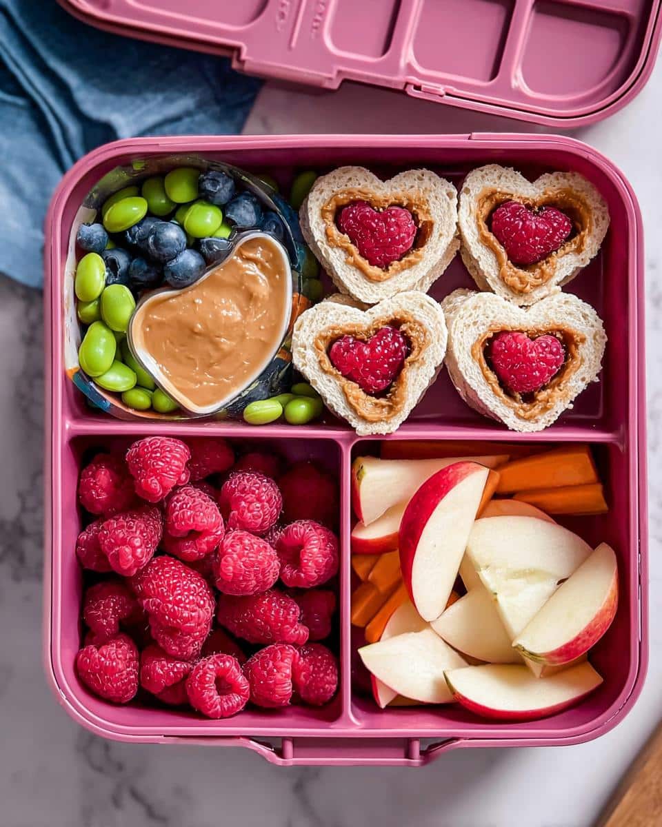 A pink bento box filled with an Easy Valentine Lunch Bento for Kids, featuring heart-shaped sandwiches, raspberries, and fruit.