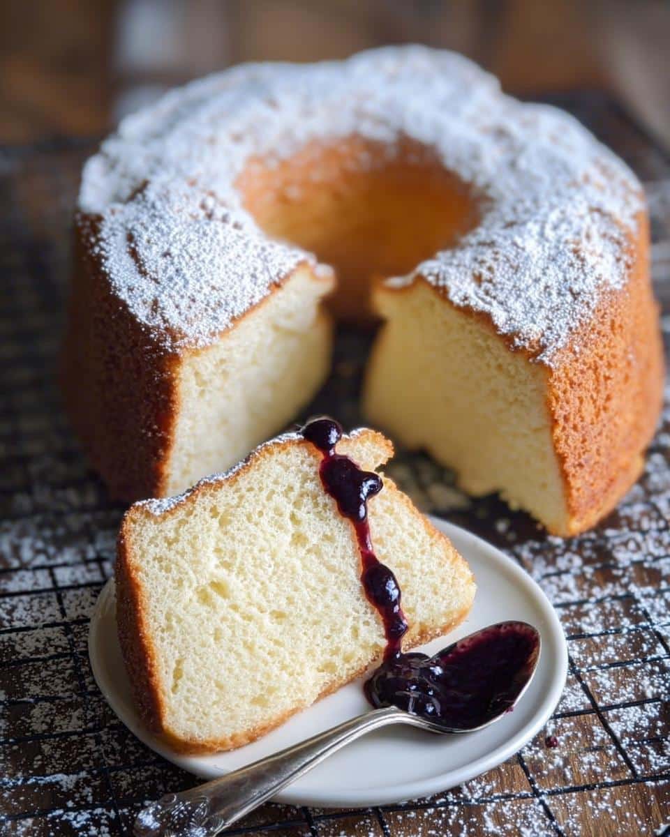 A slice of fluffy Easy Yogurt Cake dusted with powdered sugar, topped with dark berry sauce.