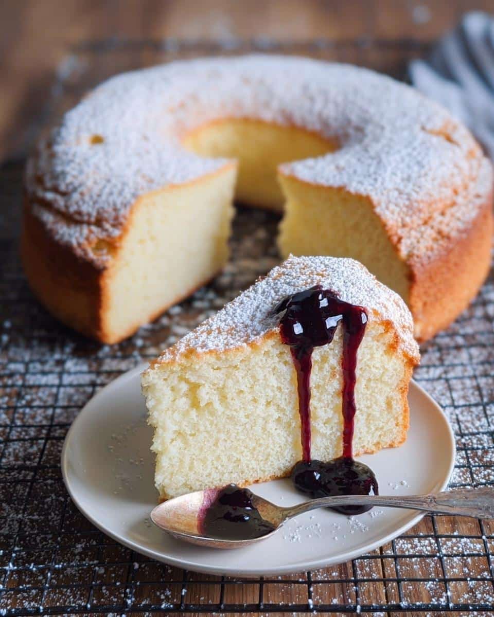 A slice of moist Easy Yogurt Cake dusted with powdered sugar and topped with dripping blueberry sauce.
