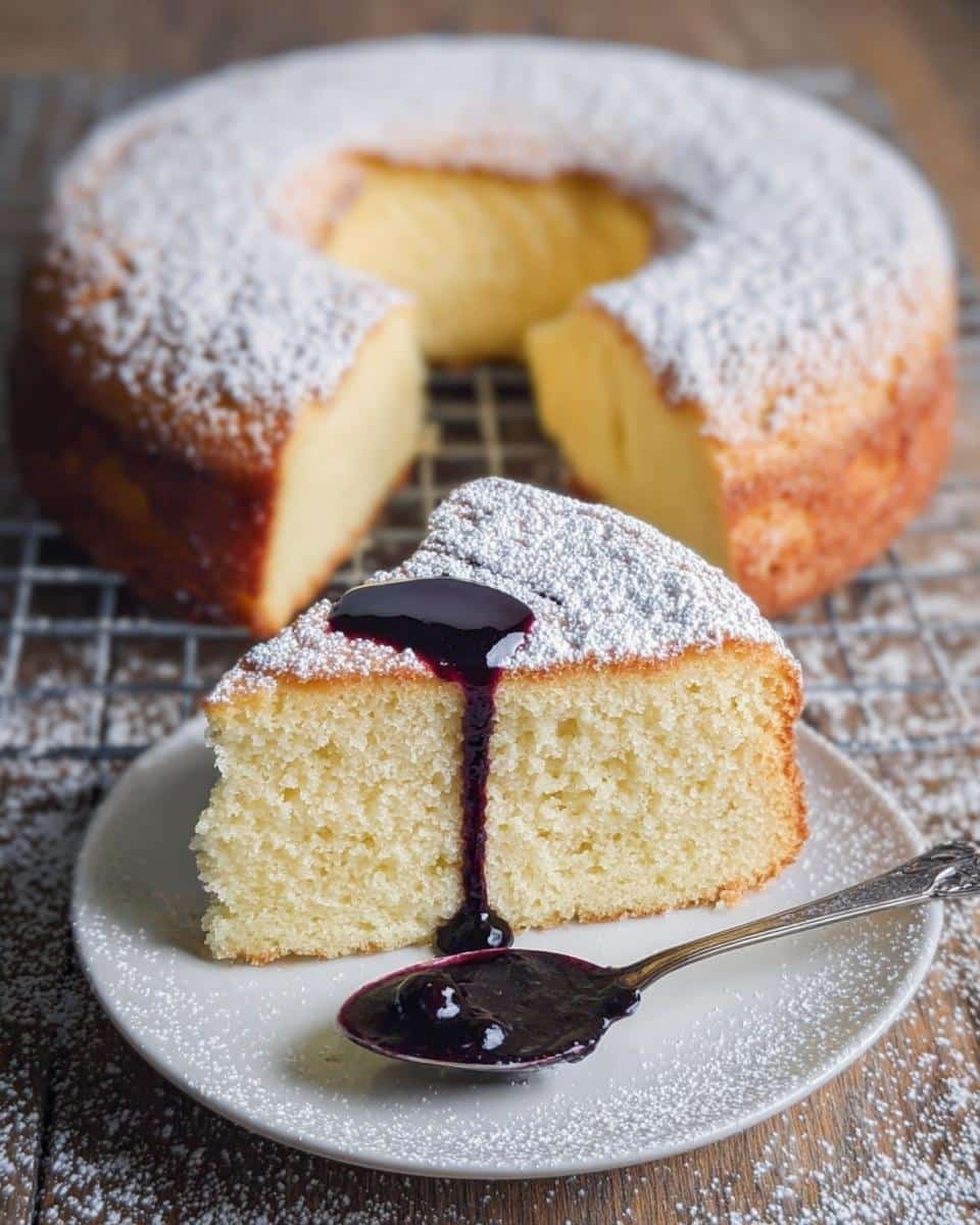 A slice of moist Easy Yogurt Cake dusted with powdered sugar, topped with dripping berry sauce, with the rest of the cake in the background.