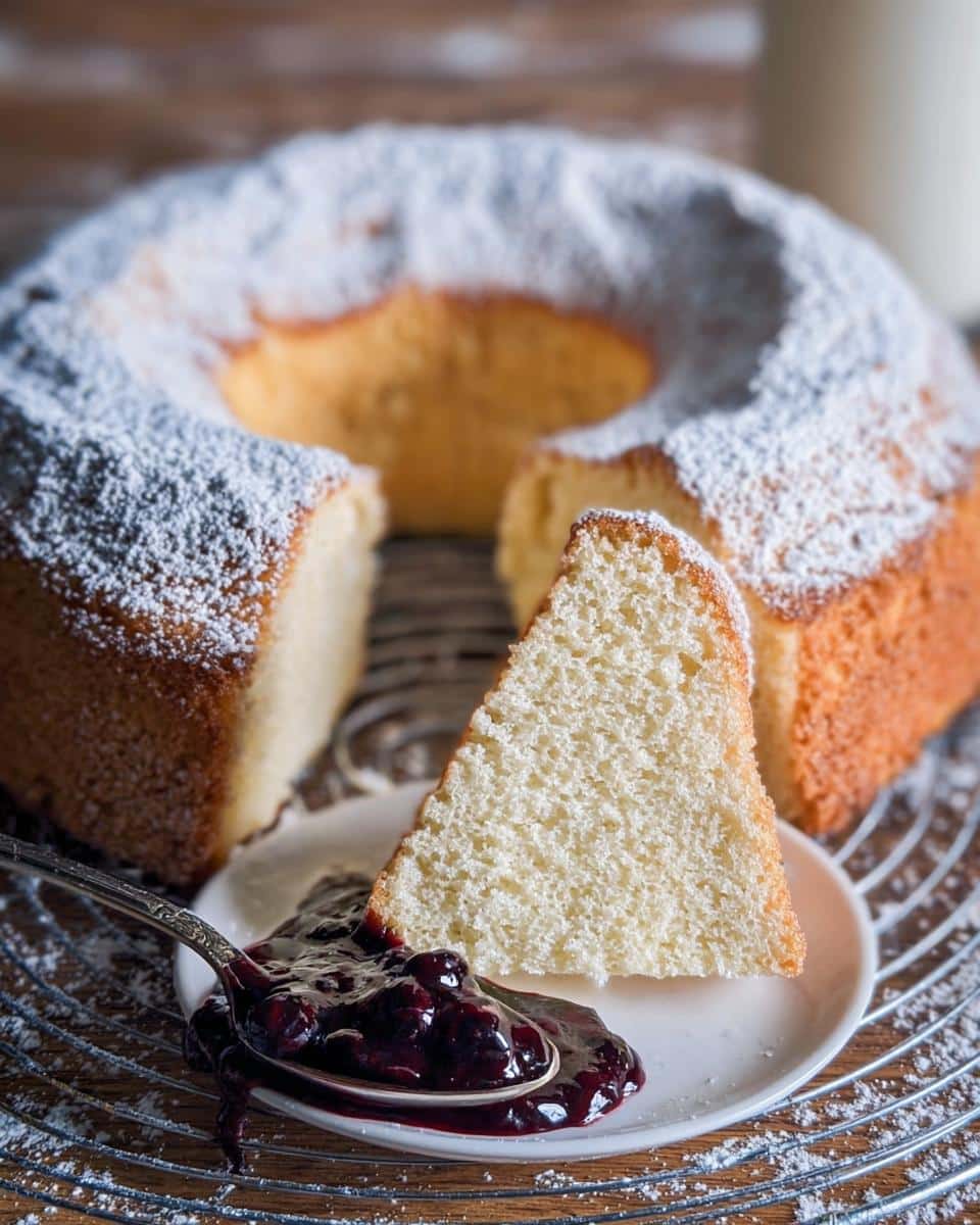 A slice of fluffy Easy Yogurt Cake dusted with powdered sugar, served next to a spoonful of dark berry jam.