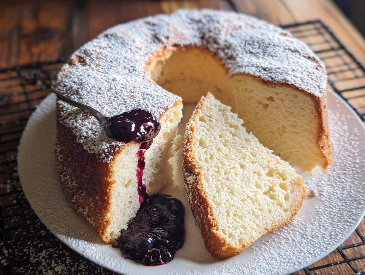 A slice cut from an Easy Yogurt Cake, dusted with powdered sugar and topped with blueberry jam.
