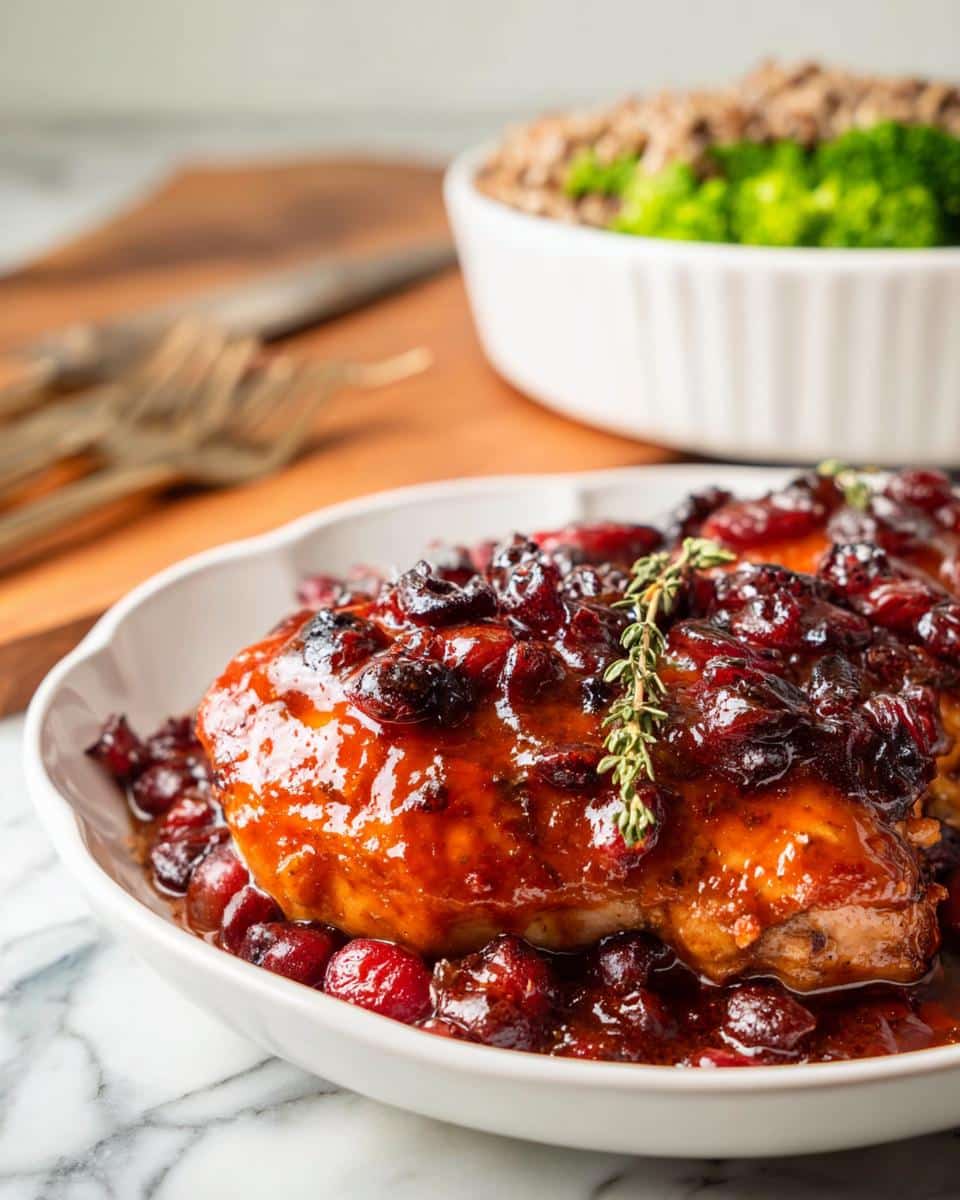 A close-up of a glazed chicken breast topped with rich cranberry sauce, part of the Fall Chicken Casserole recipe.
