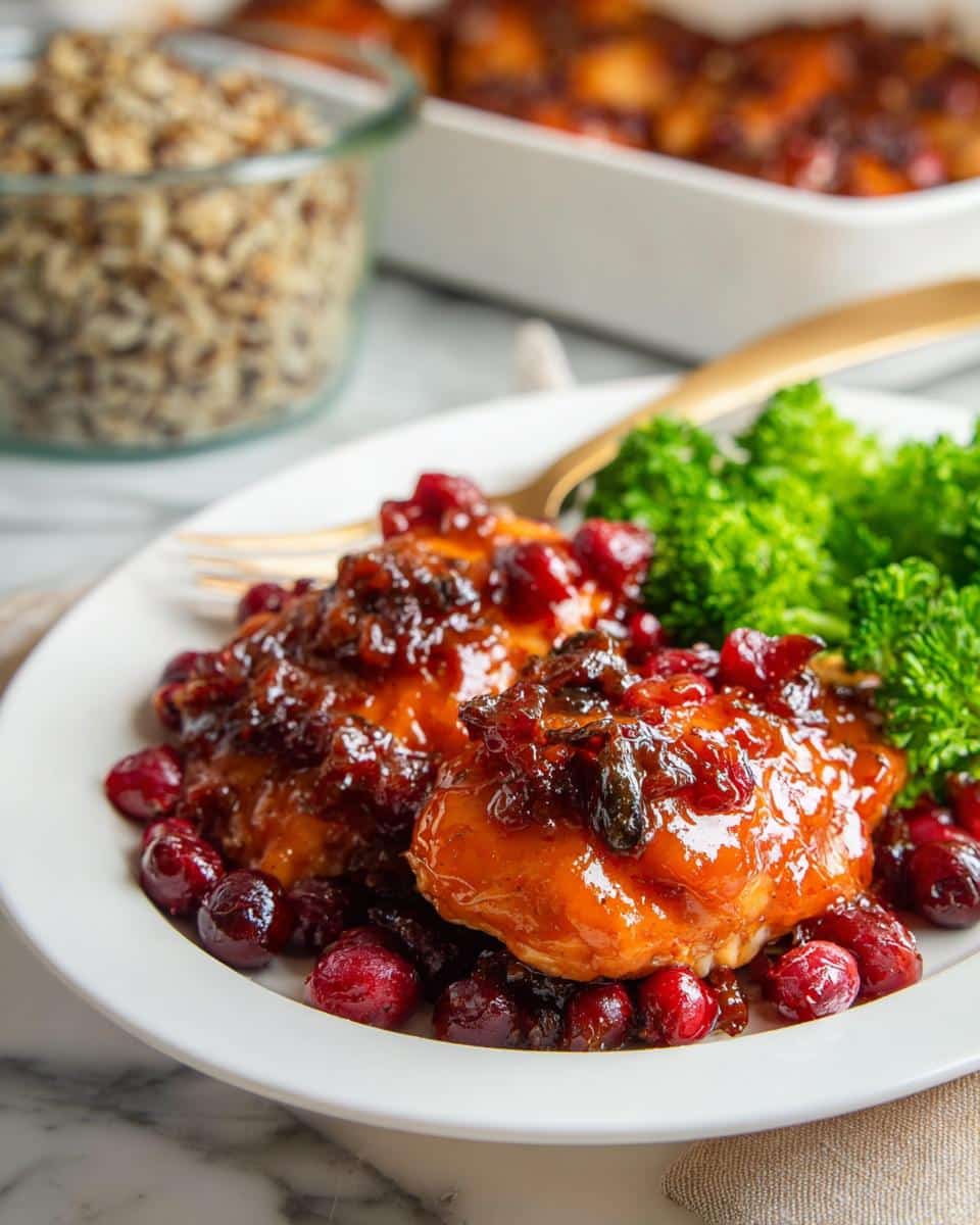 Two pieces of glazed chicken topped with cranberry sauce, served with broccoli, part of the Fall Chicken Casserole.