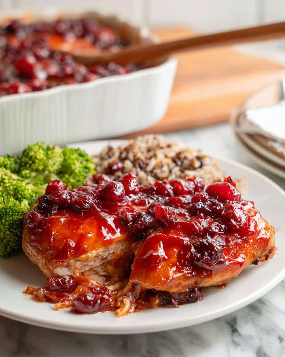 A serving of Fall Chicken Casserole with Cranberry Notes, topped with rich cranberry sauce, served with rice and broccoli.