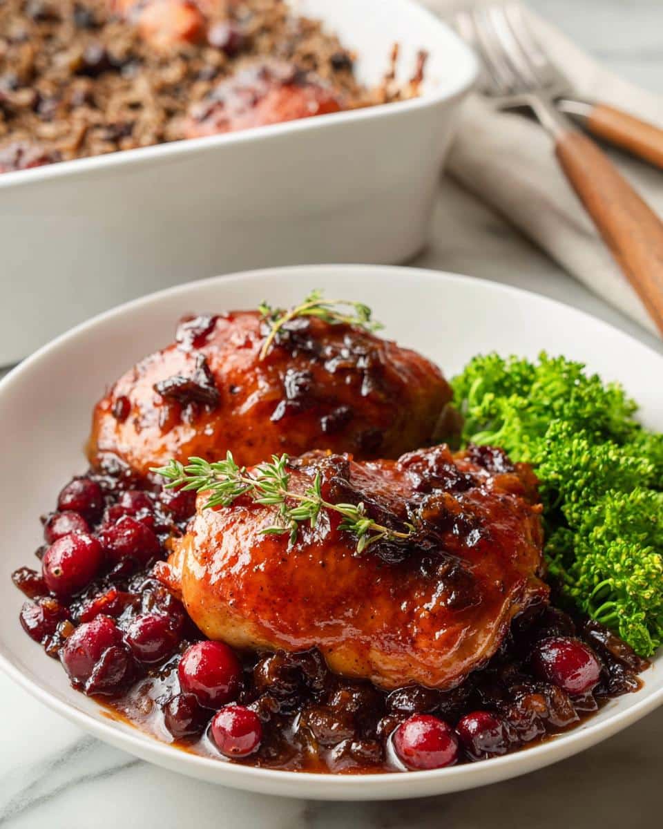 Two glazed chicken thighs topped with cranberry sauce and thyme, served with bright green broccoli, part of the Fall Chicken Casserole.