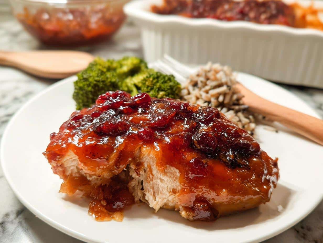 Close-up of a serving of Fall Chicken Casserole with Cranberry Notes, topped with a thick cranberry glaze, served with rice and broccoli.