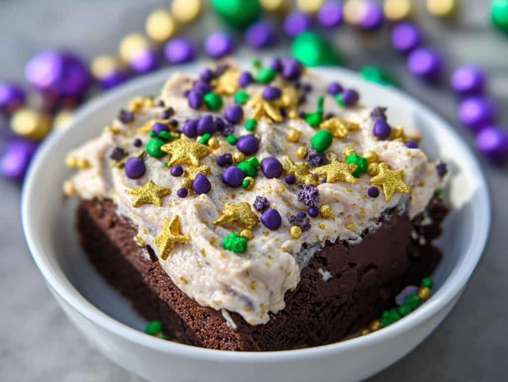 A single serving of Fat Tuesday Sprinkle Brownies topped with thick frosting and Mardi Gras colored sprinkles.