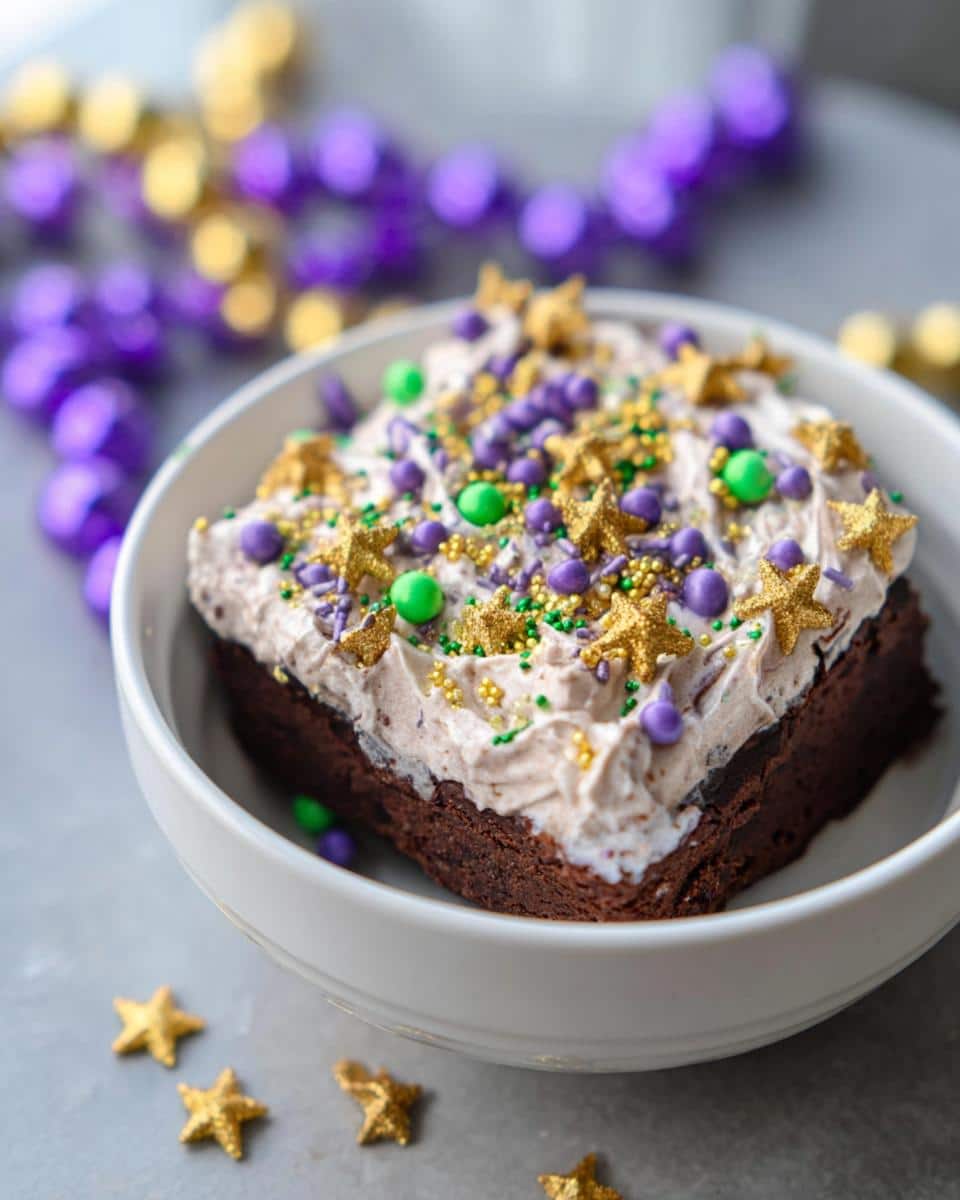 A single serving of Fat Tuesday Sprinkle Brownies topped with purple, green, and gold frosting and sprinkles.