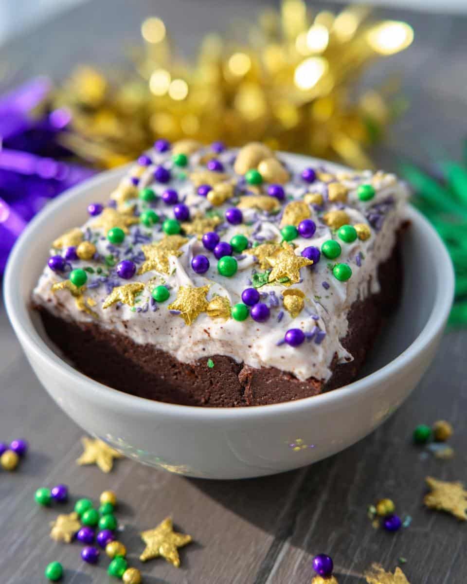A single square of Fat Tuesday Sprinkle Brownies with thick frosting and Mardi Gras colored sprinkles.