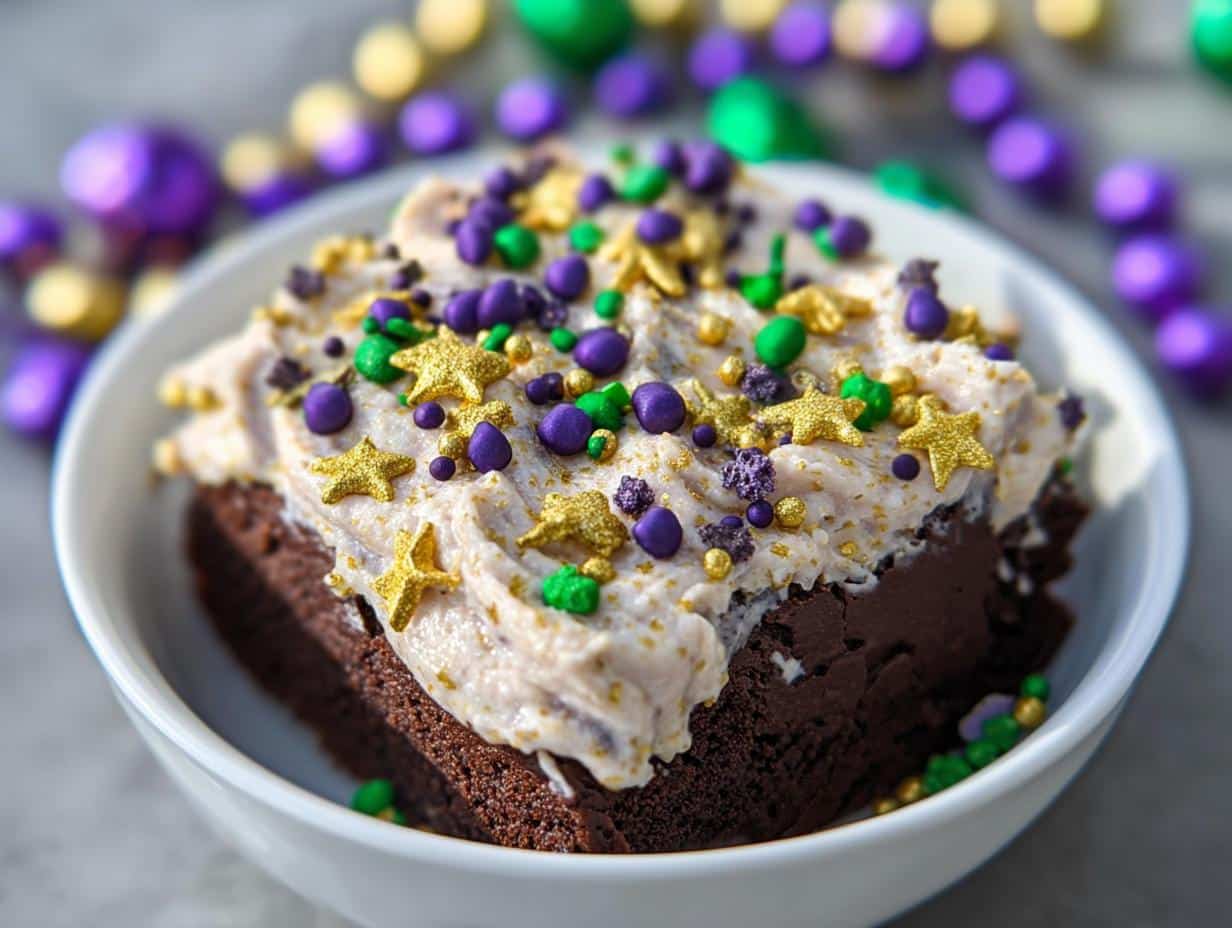 A single serving of Fat Tuesday Sprinkle Brownies topped with thick frosting and Mardi Gras colored sprinkles.