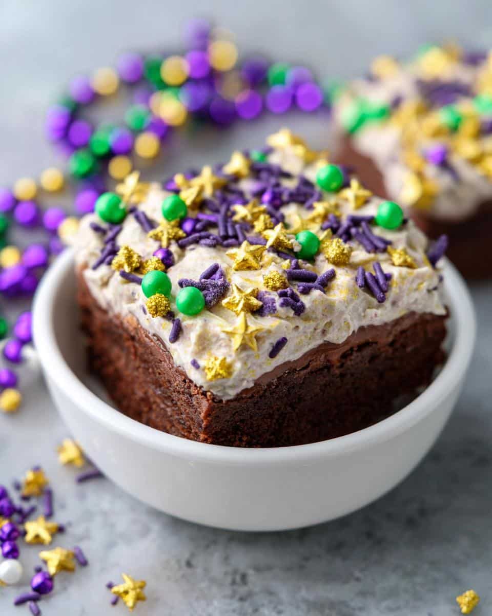 A close-up of one of the Fat Tuesday Sprinkle Brownies topped with cream cheese frosting and Mardi Gras colored sprinkles.