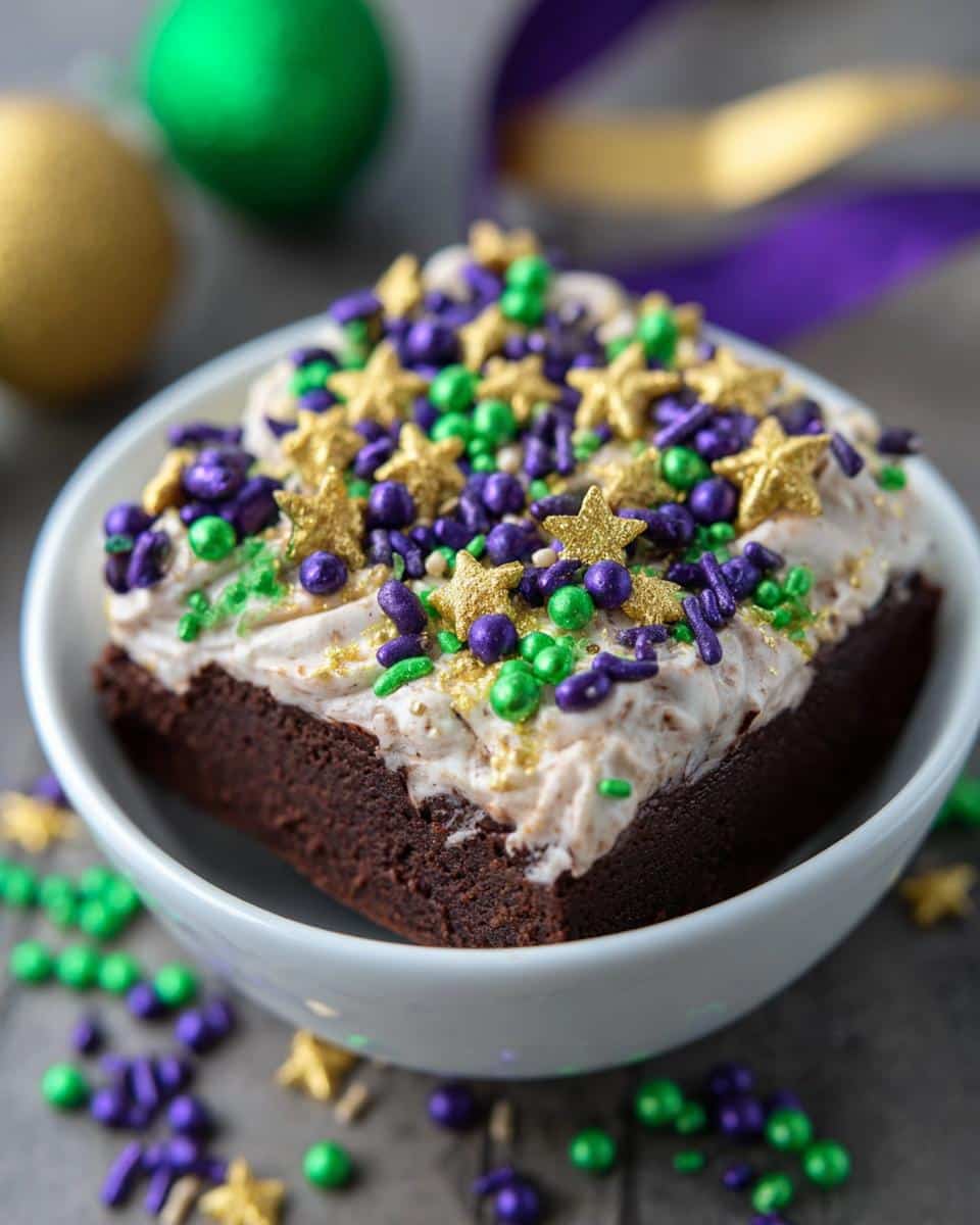 A rich square of Fat Tuesday Sprinkle Brownies topped with cream cheese frosting and purple, green, and gold Mardi Gras sprinkles.