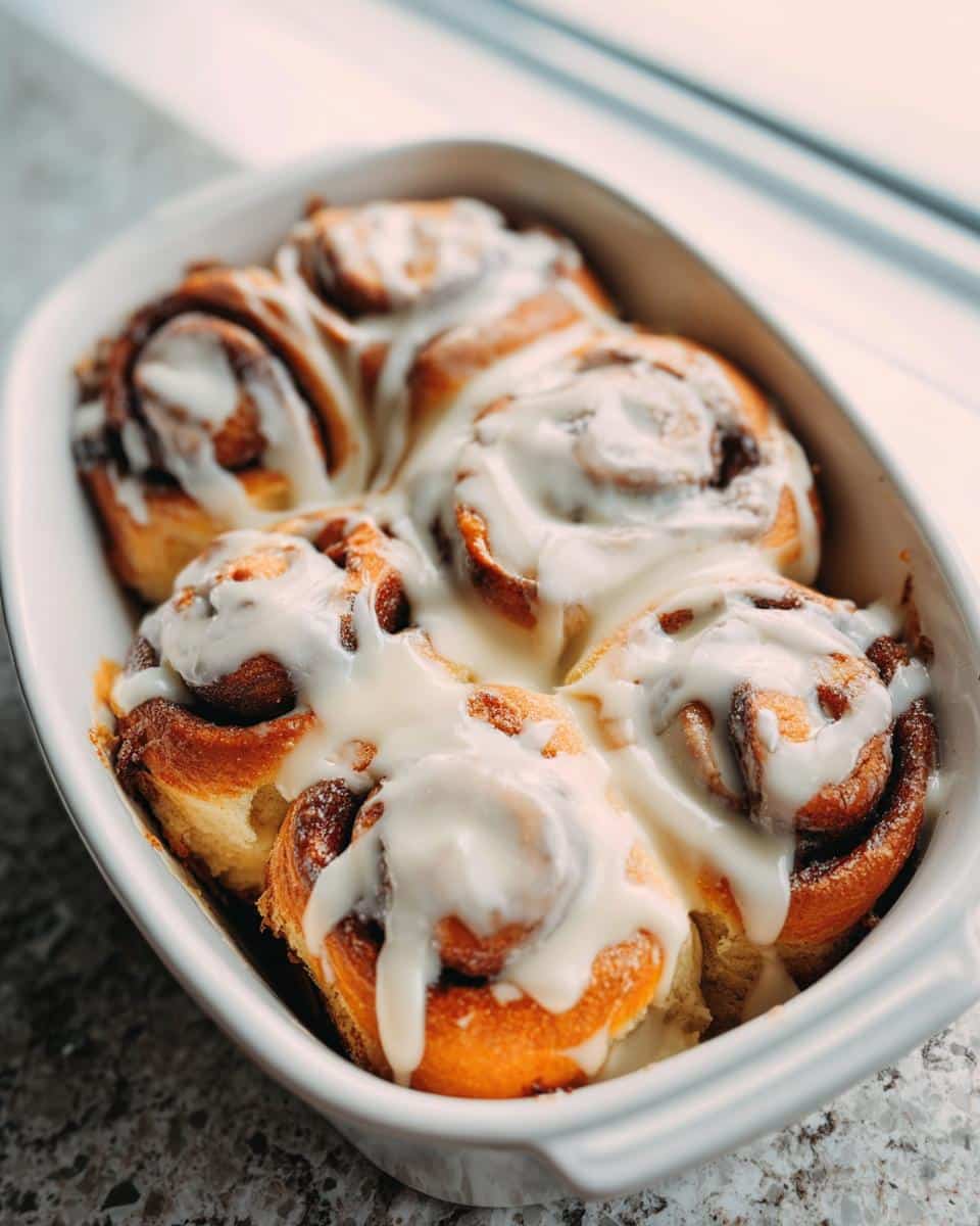 A white baking dish filled with warm, gooey Fluffy Cinnamon Rolls topped with thick white icing