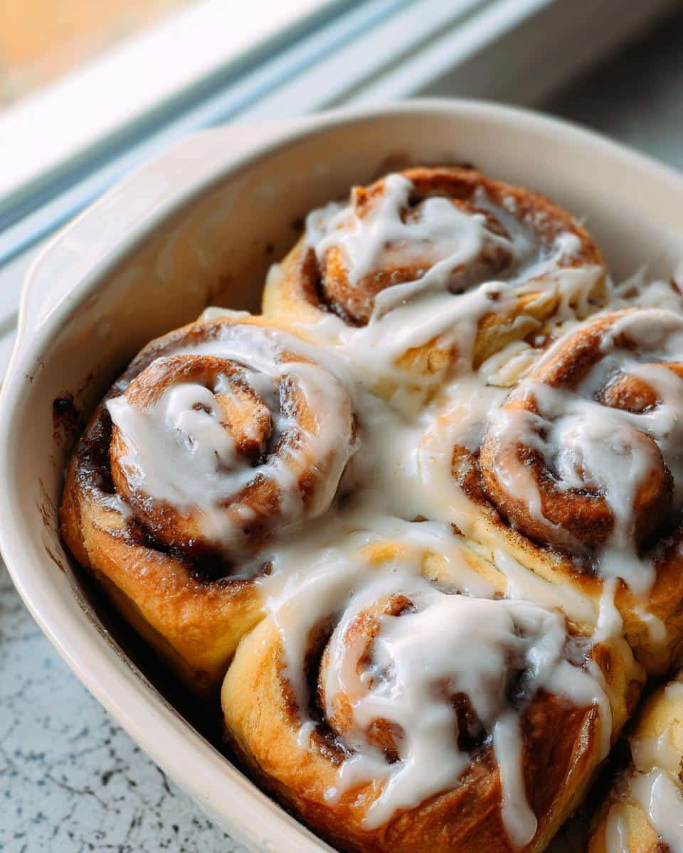 Close-up of several freshly baked, glazed Fluffy Cinnamon Rolls nestled together in a light-colored baking dish.