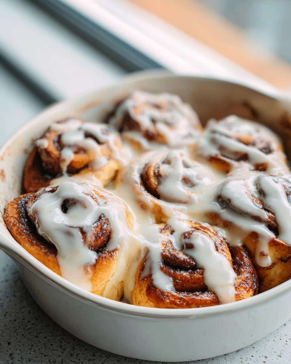 Close-up of several warm, fluffy cinnamon rolls covered in thick white icing in a baking dish.