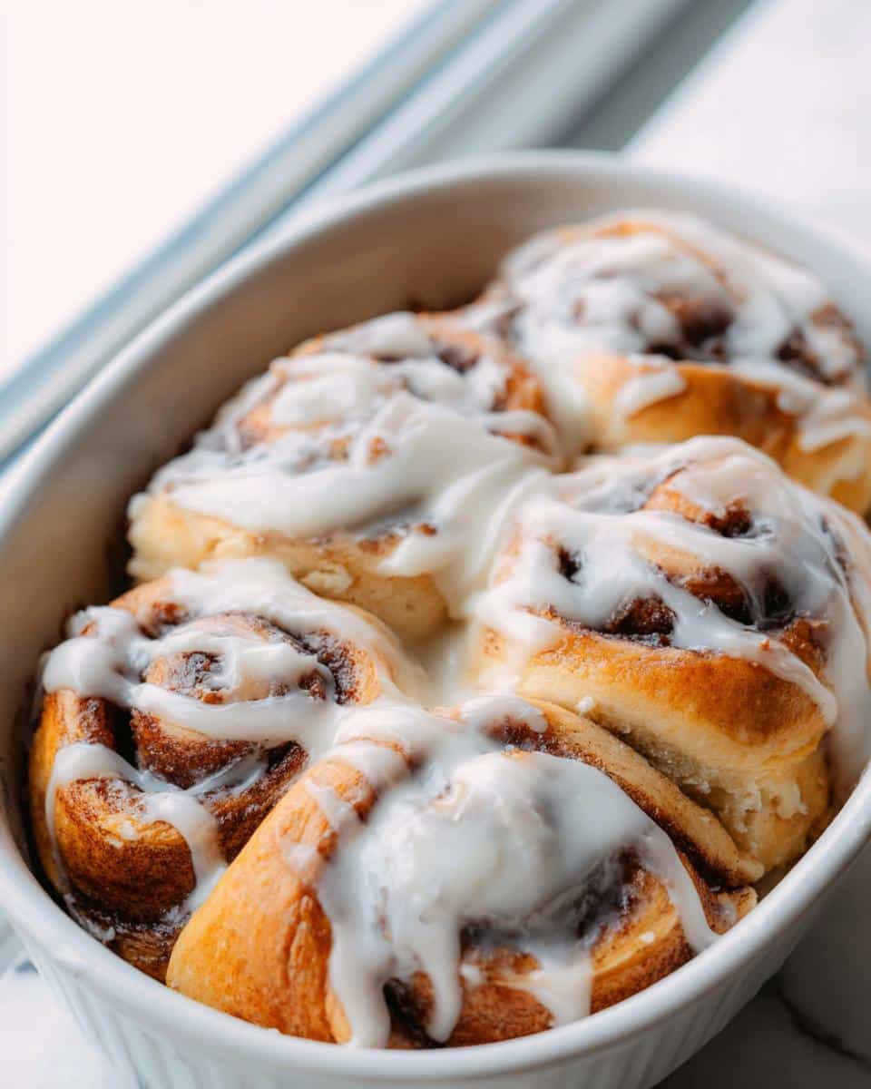 Four freshly baked, fluffy cinnamon rolls covered in thick white cream cheese icing in a white baking dish.