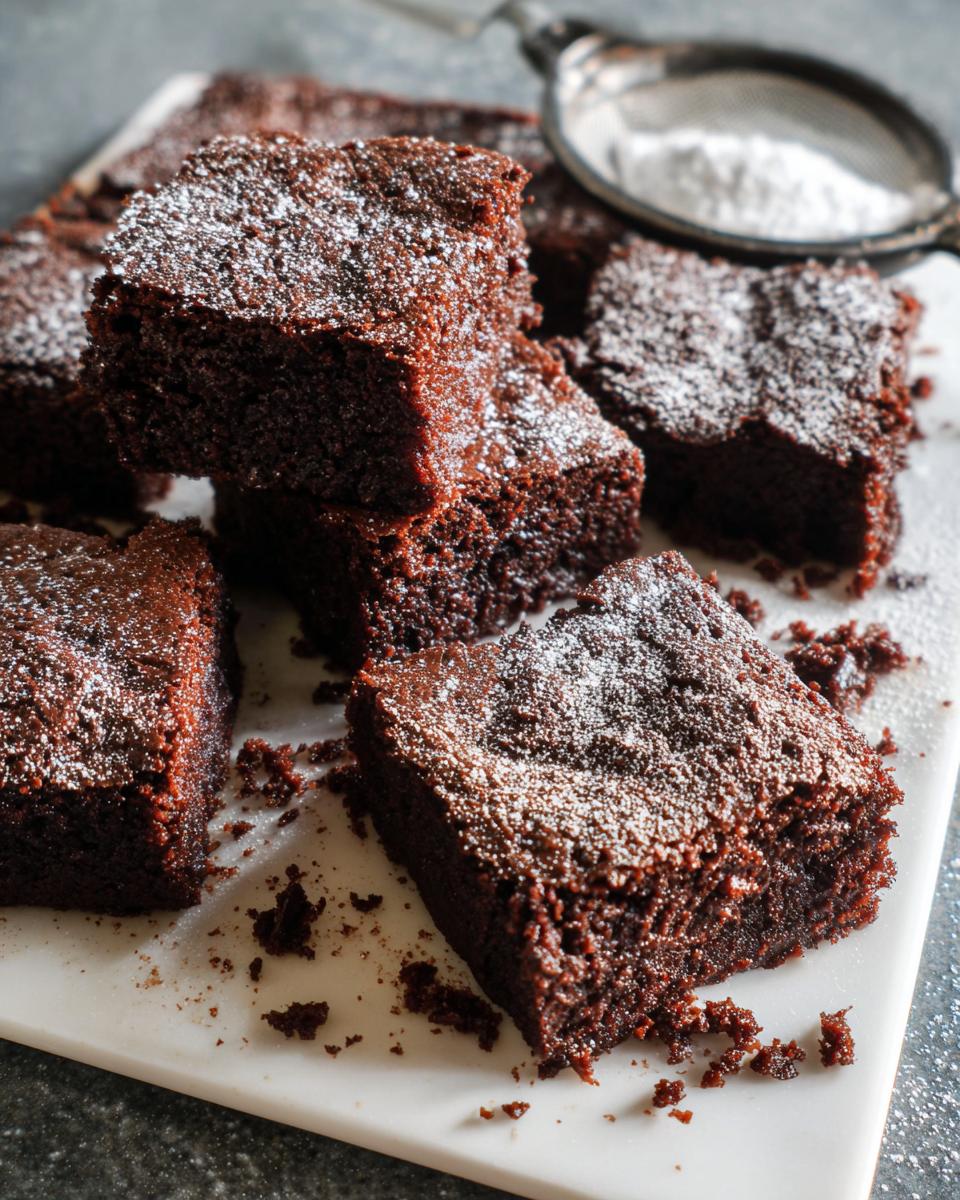 Close-up of fudgy Eggless Chocolate Brownies cut into squares and dusted with powdered sugar, with a sifter visible in the background.