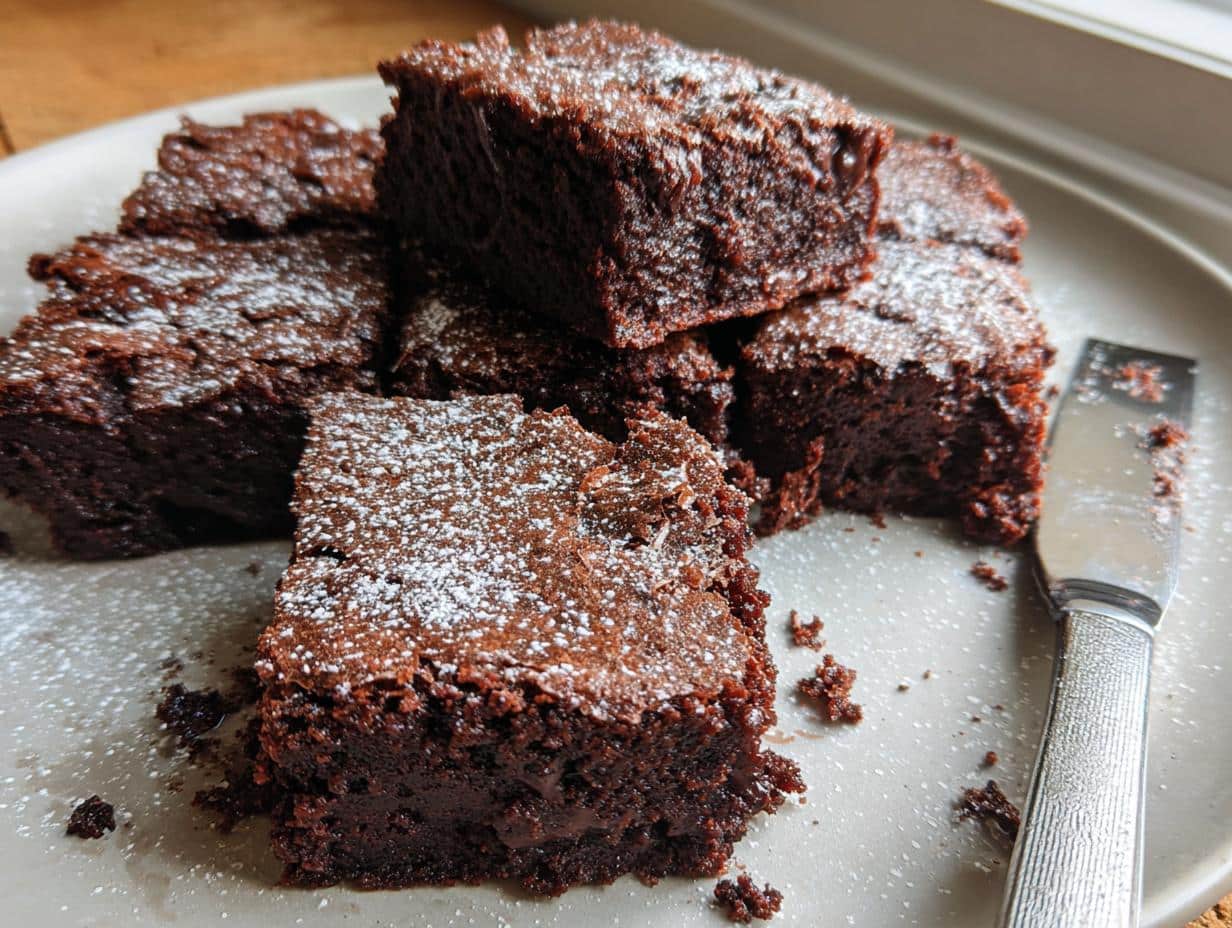 Close-up of fudgy Eggless Chocolate Brownies stacked on a plate, dusted generously with powdered sugar.