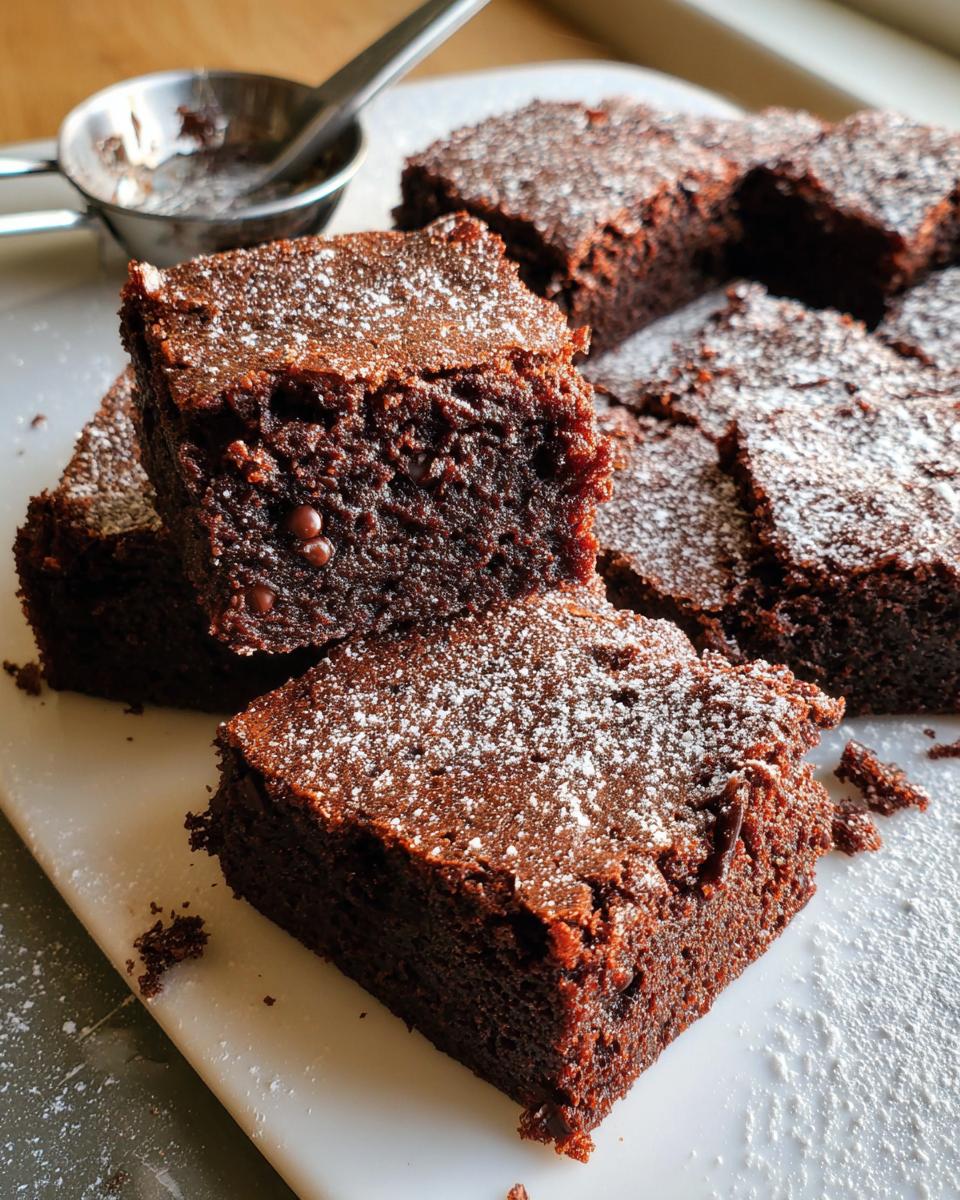 Close-up of fudgy Eggless Chocolate Brownies cut into squares and dusted with powdered sugar.