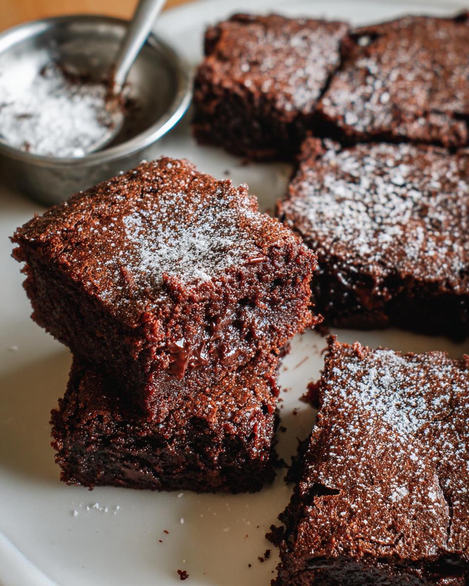 Close-up of fudgy Eggless Chocolate Brownies stacked, dusted with powdered sugar, with more brownies in the background.