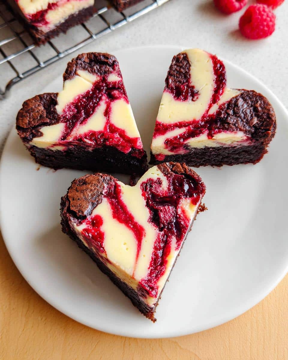 Three fudgy Heart Shaped Brownies with a vibrant red and white cheesecake swirl, served on a white plate.