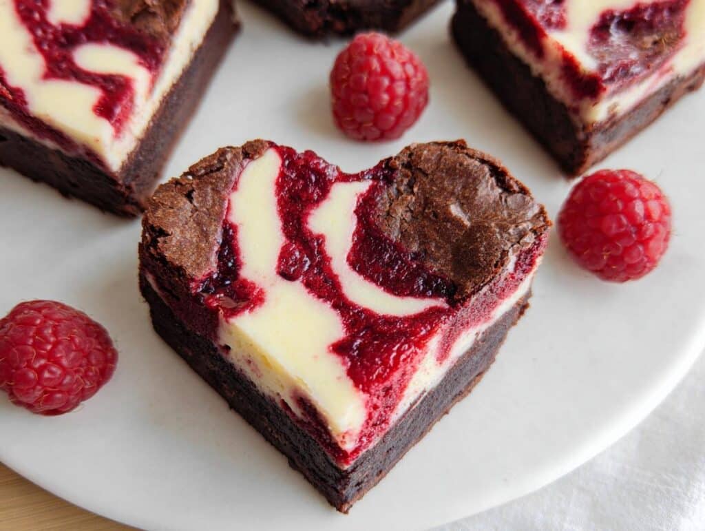 A close-up of a fudgy Heart Shaped Brownies with a raspberry and cream cheese swirl, garnished with fresh raspberries.