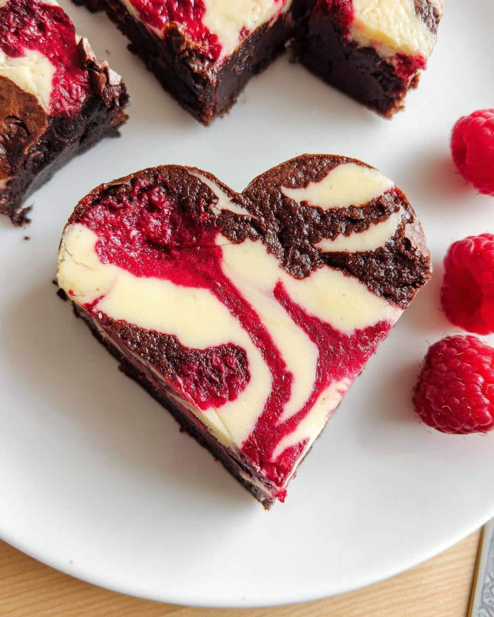 A single, fudgy heart shaped brownies slice featuring a vibrant raspberry and cream cheese swirl topping.