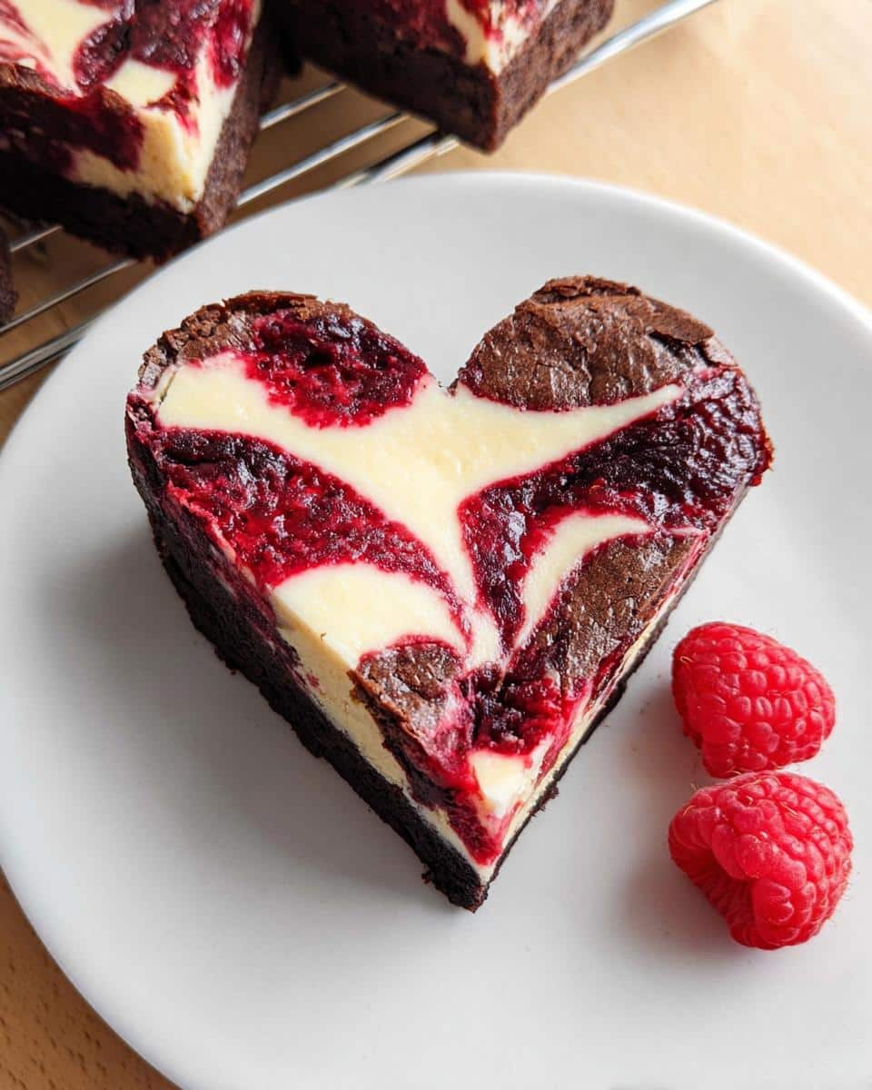 A single slice of fudgy Heart Shaped Brownies featuring a vibrant raspberry and cream cheese swirl, served with fresh raspberries.