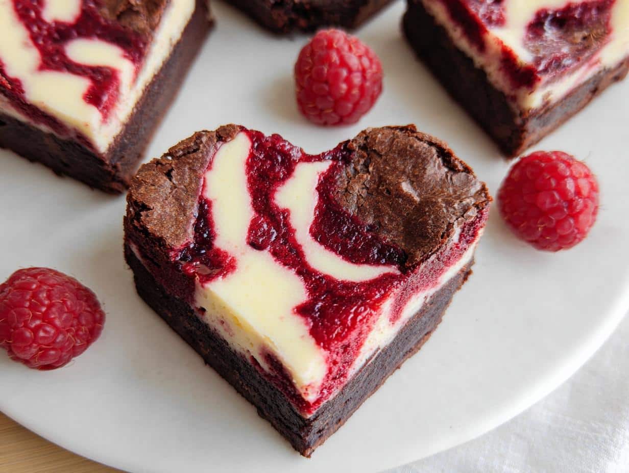 A close-up of a fudgy Heart Shaped Brownies with a raspberry and cream cheese swirl, garnished with fresh raspberries.