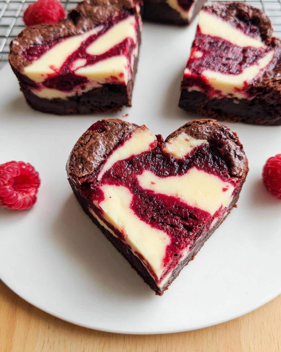 Close-up of a fudgy Heart Shaped Brownies slice featuring a vibrant red and cream cheese swirl.