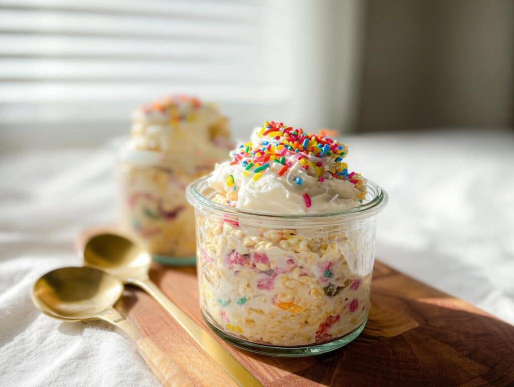 Close-up of Funfetti Overnight Oats topped with whipped cream and rainbow sprinkles in a glass jar.