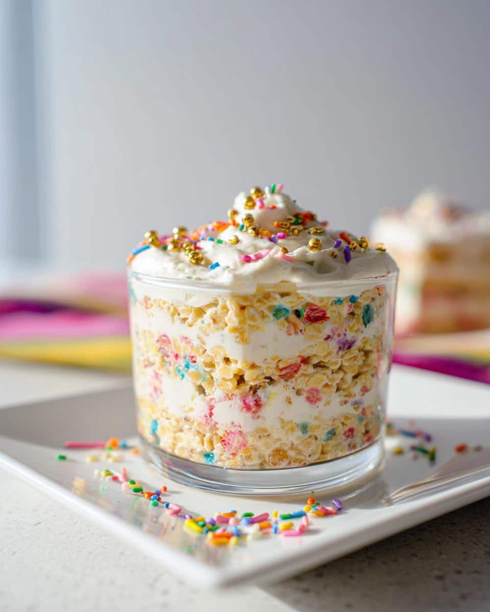 Close-up of Funfetti Overnight Oats layered with cream and topped with colorful sprinkles in a clear glass.