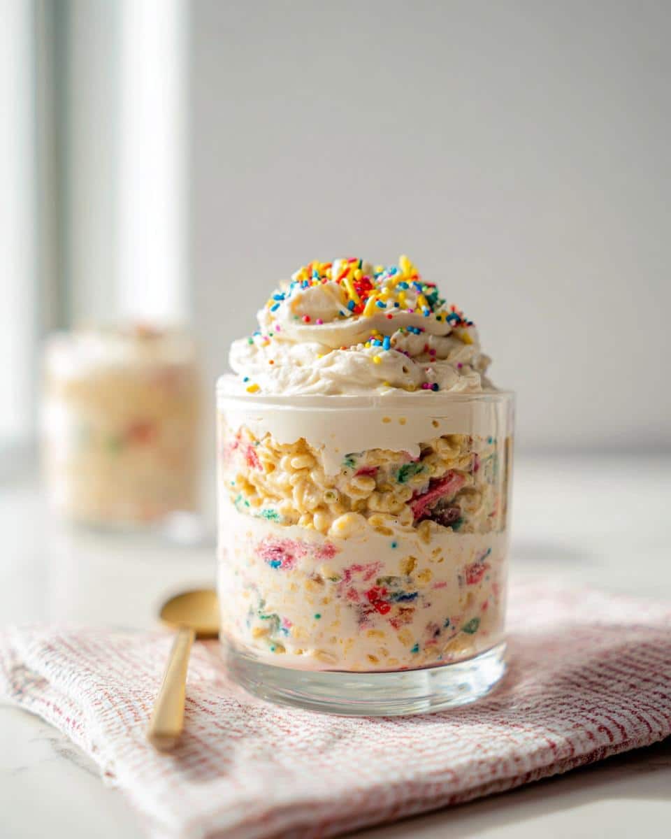 Close-up of Funfetti Overnight Oats layered in a glass jar, topped with whipped cream and colorful sprinkles.