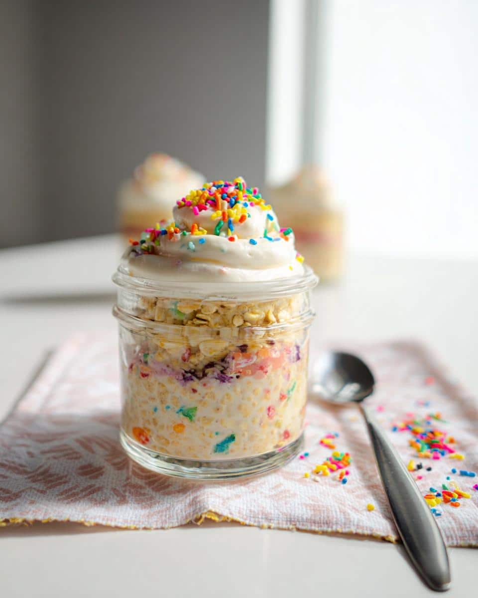 A jar of Funfetti Overnight Oats topped with whipped cream and colorful sprinkles, ready to eat.