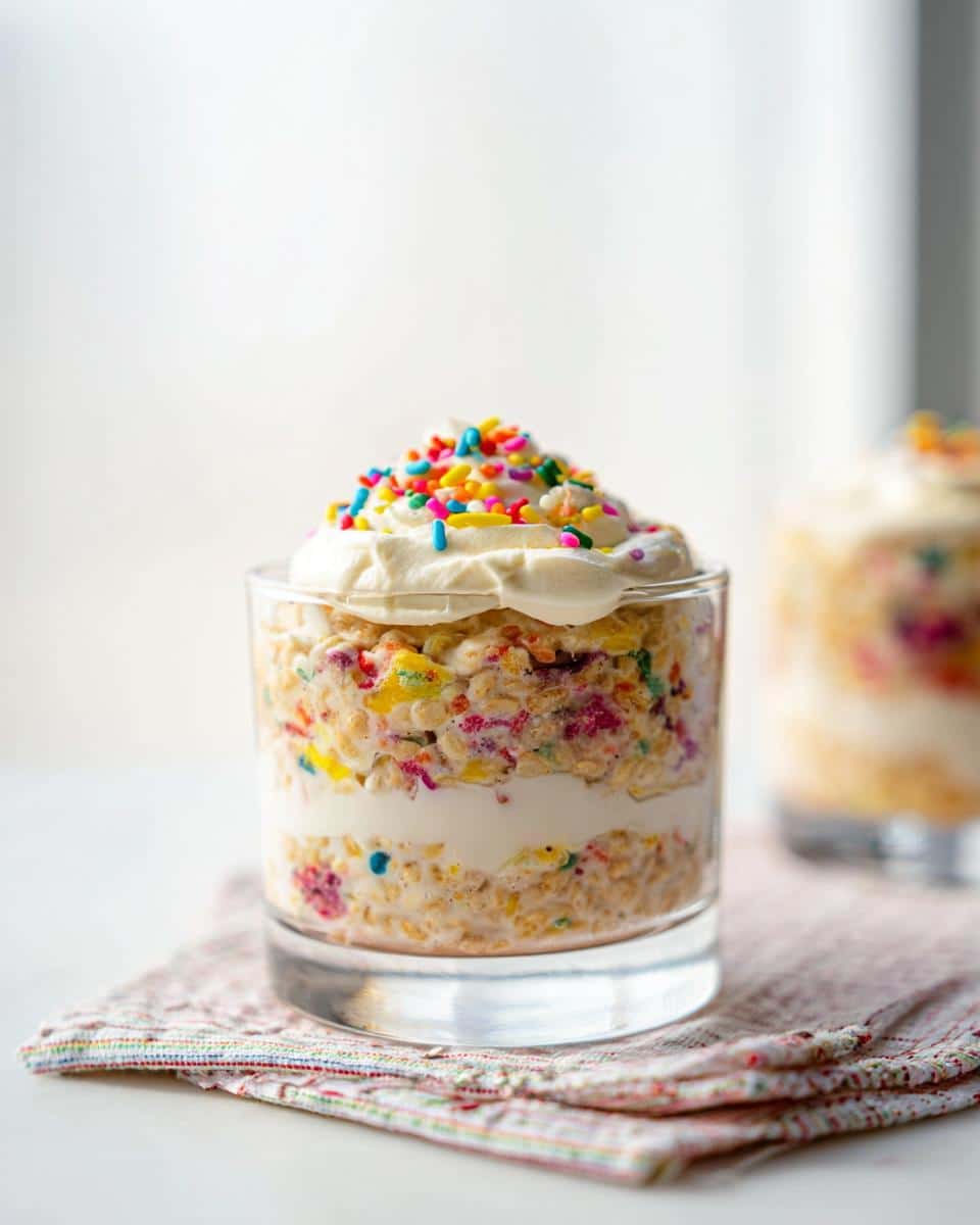 A glass jar filled with layered Funfetti Overnight Oats topped with whipped cream and colorful sprinkles.