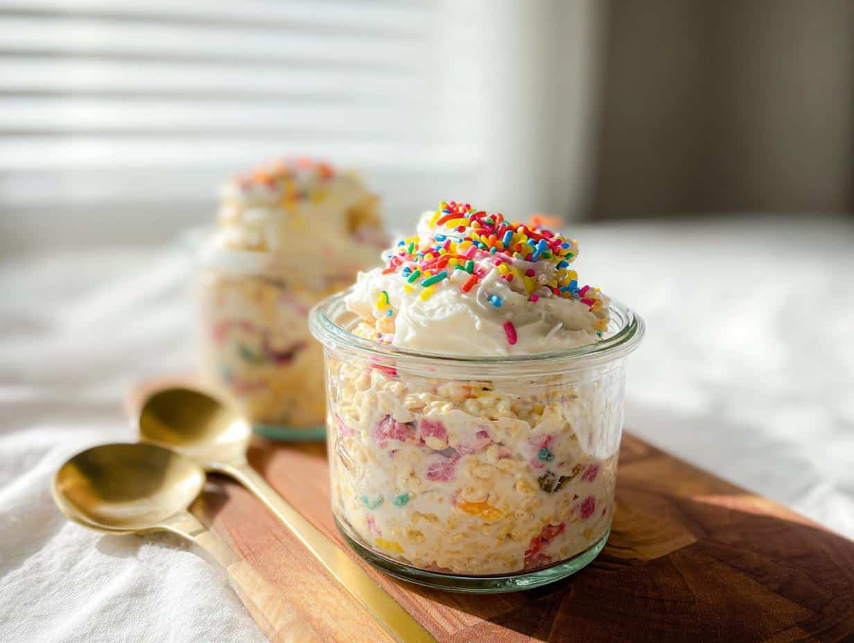 Close-up of Funfetti Overnight Oats topped with whipped cream and rainbow sprinkles in a glass jar.