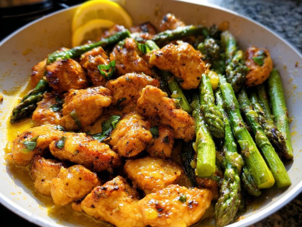 Close-up of golden Garlic Butter Chicken Skillet pieces served with bright green asparagus and lemon slices.